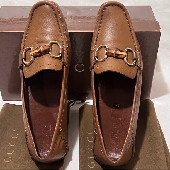 Authentic Gucci Leather Driving Shoes Loafers with Bamboo Horsebit Size 39 Tan - Picture 5 of 17